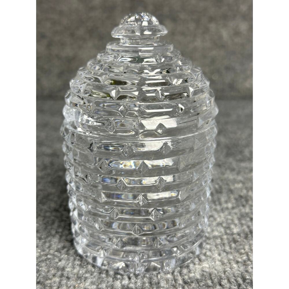 Vintage cut crystal clear glass beehive honey jar 4.5” minimalist coffee tea